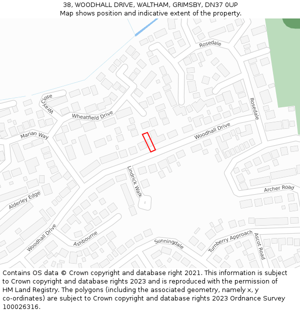 38, WOODHALL DRIVE, WALTHAM, GRIMSBY, DN37 0UP: Location map and indicative extent of plot