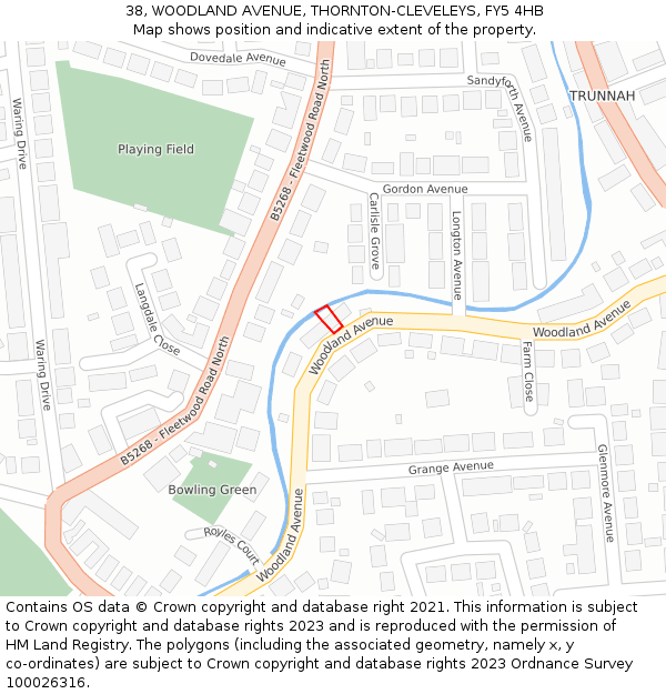 38, WOODLAND AVENUE, THORNTON-CLEVELEYS, FY5 4HB: Location map and indicative extent of plot