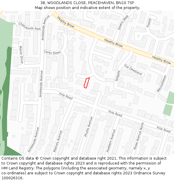 38, WOODLANDS CLOSE, PEACEHAVEN, BN10 7SF: Location map and indicative extent of plot