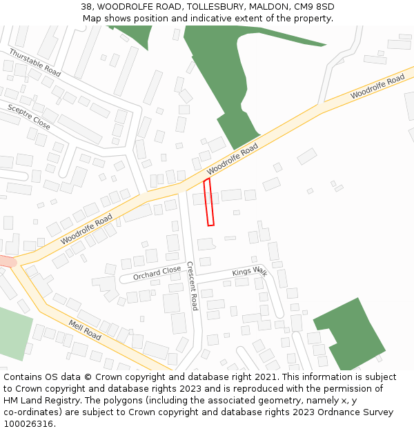 38, WOODROLFE ROAD, TOLLESBURY, MALDON, CM9 8SD: Location map and indicative extent of plot