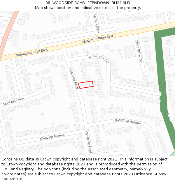 38, WOODSIDE ROAD, FERNDOWN, BH22 9LD: Location map and indicative extent of plot