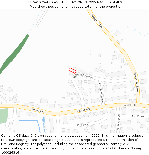 38, WOODWARD AVENUE, BACTON, STOWMARKET, IP14 4LS: Location map and indicative extent of plot