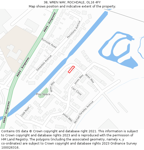 38, WREN WAY, ROCHDALE, OL16 4FY: Location map and indicative extent of plot