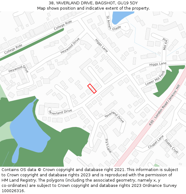 38, YAVERLAND DRIVE, BAGSHOT, GU19 5DY: Location map and indicative extent of plot