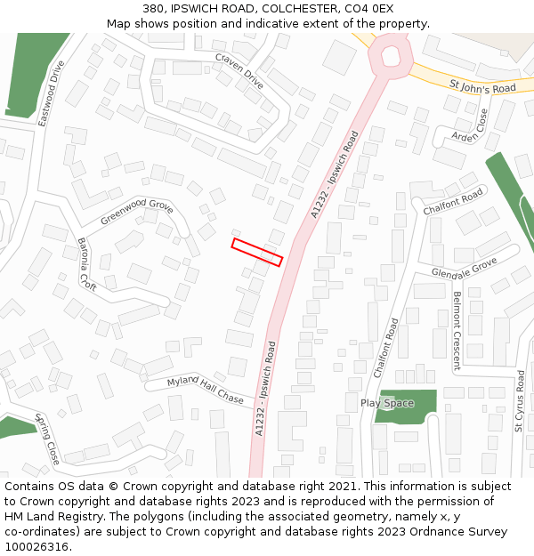 380, IPSWICH ROAD, COLCHESTER, CO4 0EX: Location map and indicative extent of plot