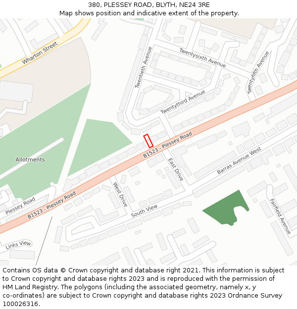 380, PLESSEY ROAD, BLYTH, NE24 3RE: Location map and indicative extent of plot