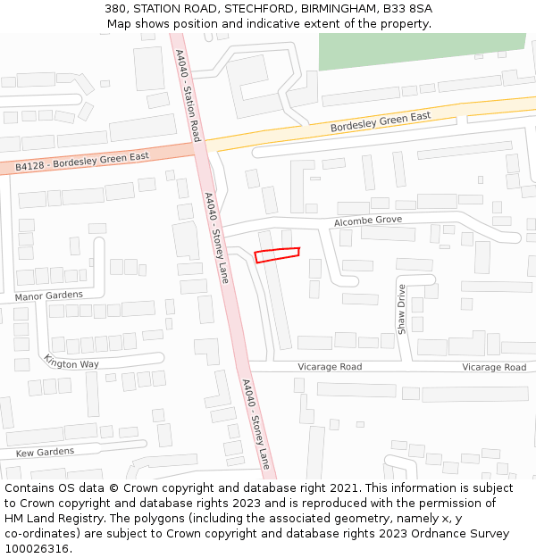 380, STATION ROAD, STECHFORD, BIRMINGHAM, B33 8SA: Location map and indicative extent of plot