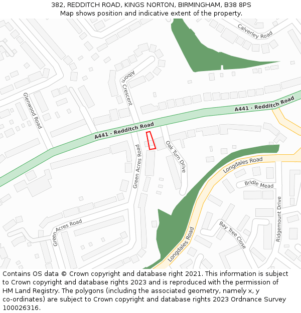 382, REDDITCH ROAD, KINGS NORTON, BIRMINGHAM, B38 8PS: Location map and indicative extent of plot