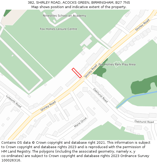 382, SHIRLEY ROAD, ACOCKS GREEN, BIRMINGHAM, B27 7NS: Location map and indicative extent of plot