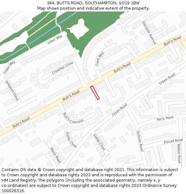 384, BUTTS ROAD, SOUTHAMPTON, SO19 1BW: Location map and indicative extent of plot