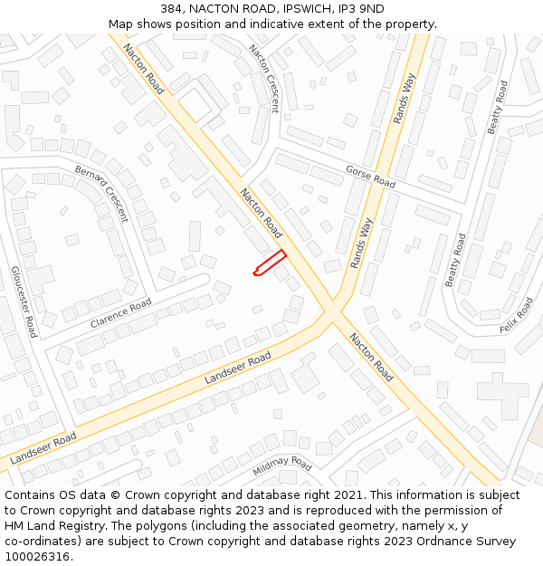 384, NACTON ROAD, IPSWICH, IP3 9ND: Location map and indicative extent of plot