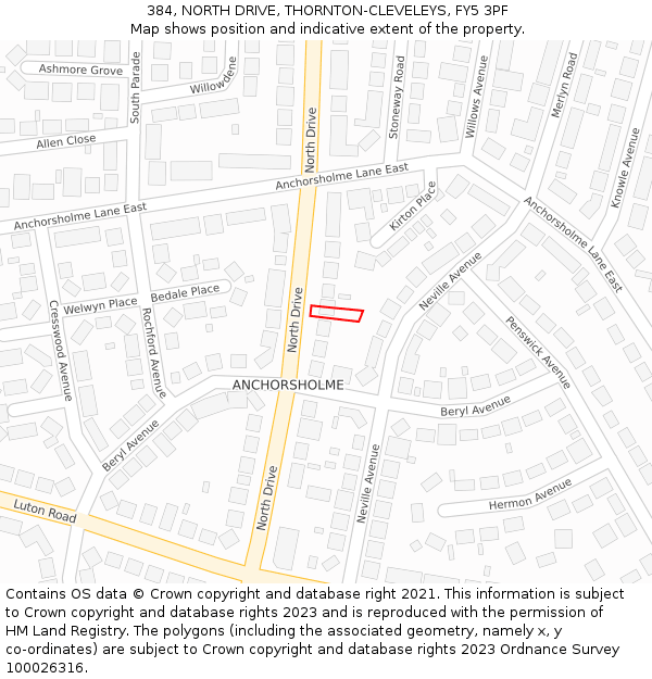 384, NORTH DRIVE, THORNTON-CLEVELEYS, FY5 3PF: Location map and indicative extent of plot