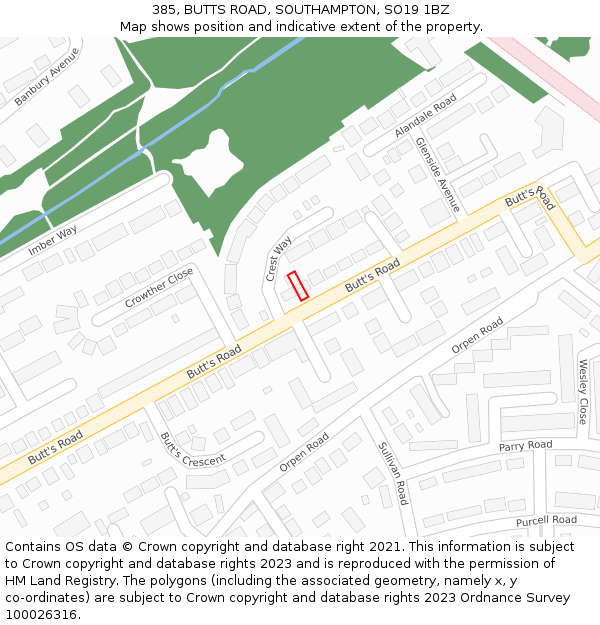 385, BUTTS ROAD, SOUTHAMPTON, SO19 1BZ: Location map and indicative extent of plot