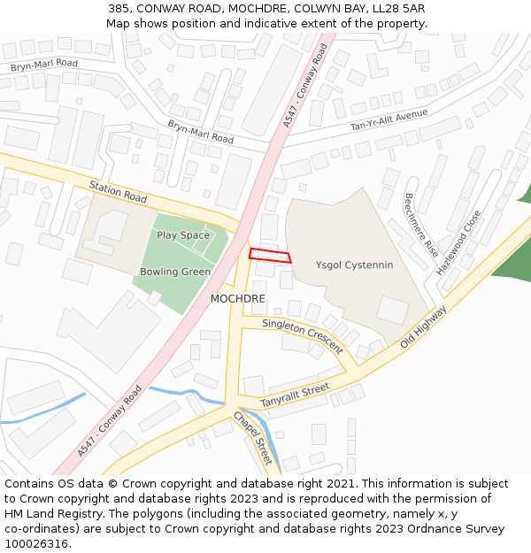 385, CONWAY ROAD, MOCHDRE, COLWYN BAY, LL28 5AR: Location map and indicative extent of plot