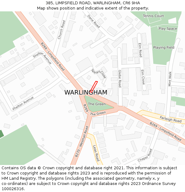 385, LIMPSFIELD ROAD, WARLINGHAM, CR6 9HA: Location map and indicative extent of plot