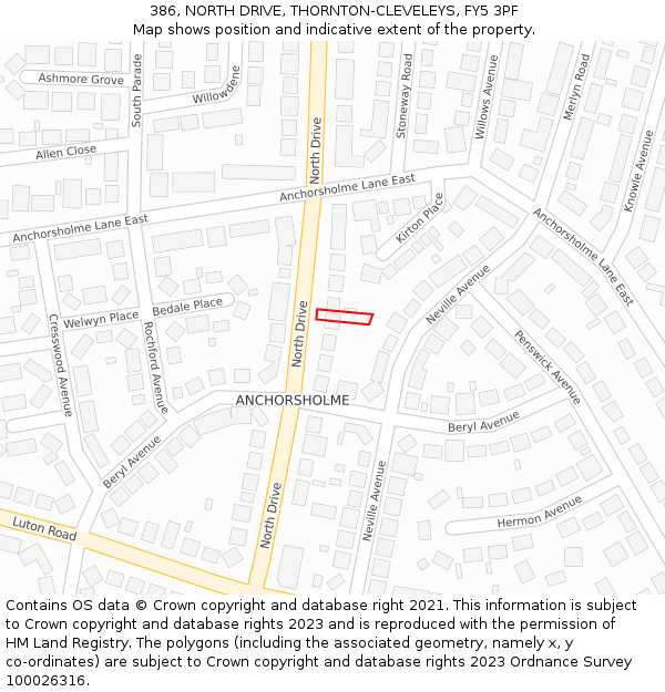 386, NORTH DRIVE, THORNTON-CLEVELEYS, FY5 3PF: Location map and indicative extent of plot