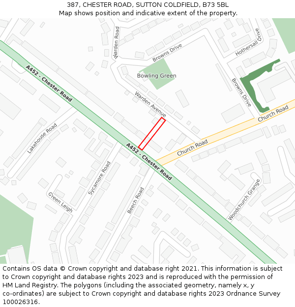 387, CHESTER ROAD, SUTTON COLDFIELD, B73 5BL: Location map and indicative extent of plot