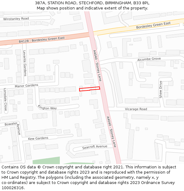 387A, STATION ROAD, STECHFORD, BIRMINGHAM, B33 8PL: Location map and indicative extent of plot