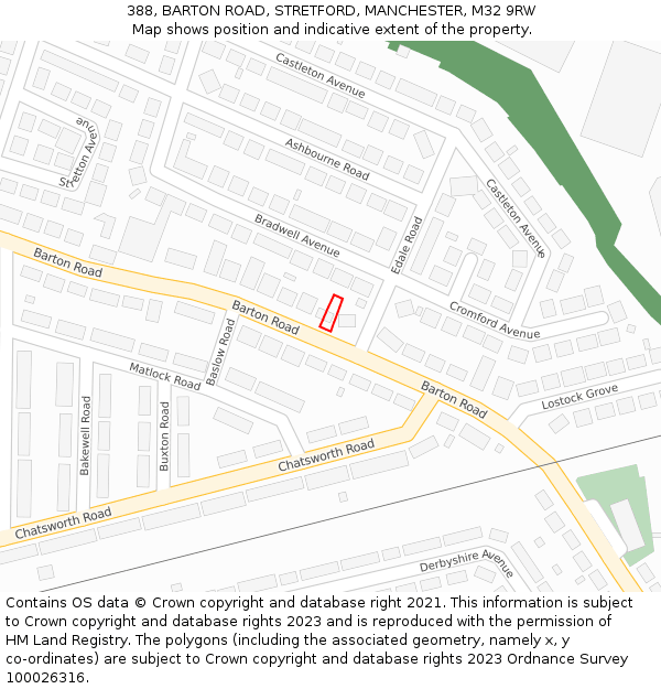 388, BARTON ROAD, STRETFORD, MANCHESTER, M32 9RW: Location map and indicative extent of plot