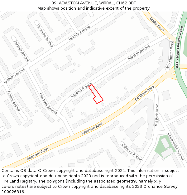 39, ADASTON AVENUE, WIRRAL, CH62 8BT: Location map and indicative extent of plot