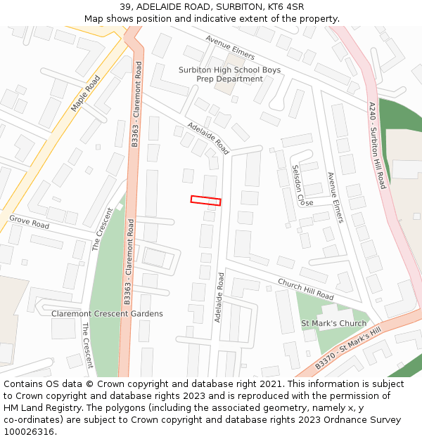 39, ADELAIDE ROAD, SURBITON, KT6 4SR: Location map and indicative extent of plot