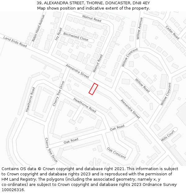 39, ALEXANDRA STREET, THORNE, DONCASTER, DN8 4EY: Location map and indicative extent of plot