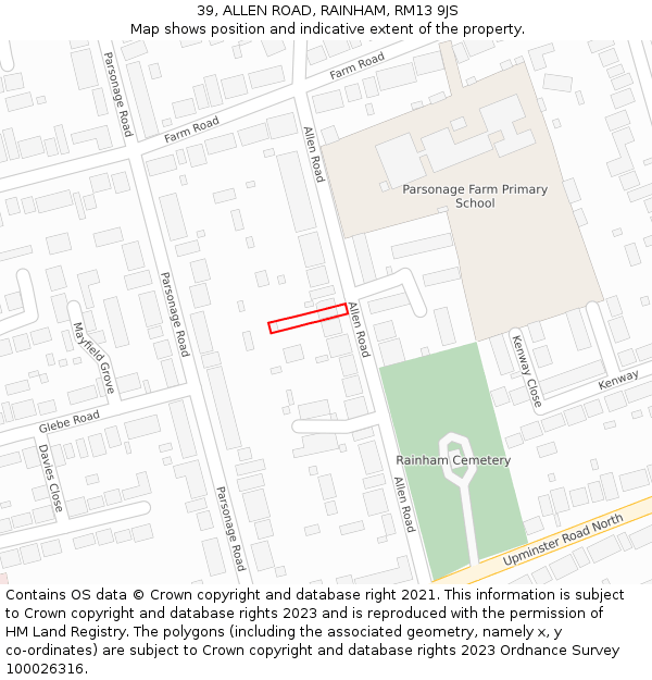 39, ALLEN ROAD, RAINHAM, RM13 9JS: Location map and indicative extent of plot