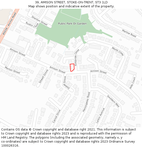 39, AMISON STREET, STOKE-ON-TRENT, ST3 1LD: Location map and indicative extent of plot