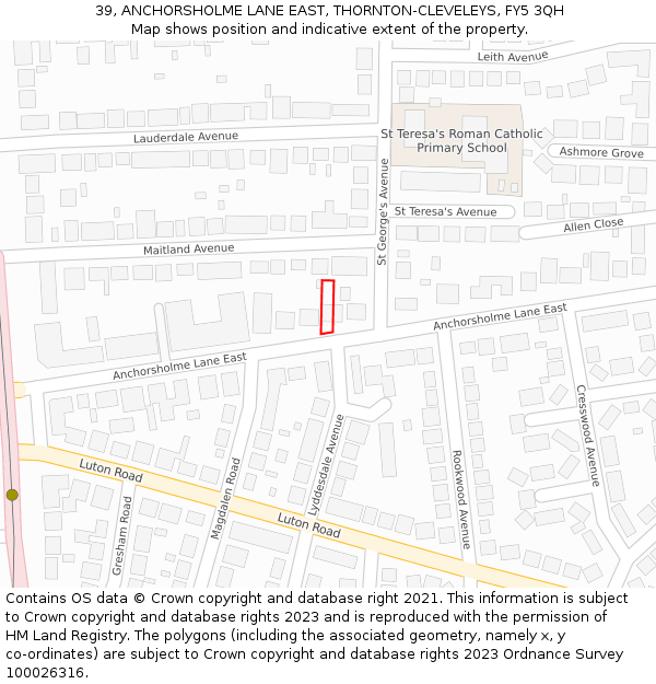 39, ANCHORSHOLME LANE EAST, THORNTON-CLEVELEYS, FY5 3QH: Location map and indicative extent of plot