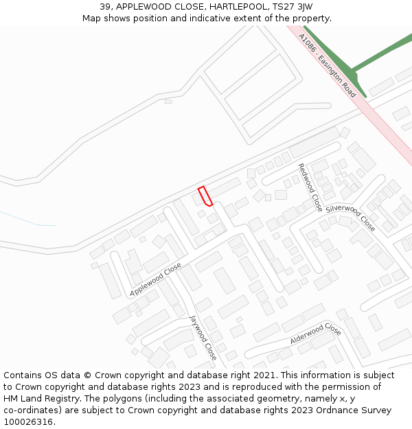 39, APPLEWOOD CLOSE, HARTLEPOOL, TS27 3JW: Location map and indicative extent of plot