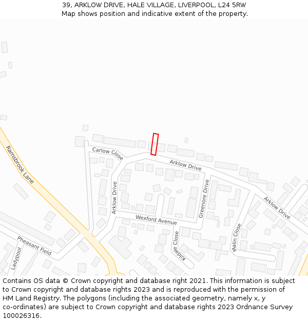 39, ARKLOW DRIVE, HALE VILLAGE, LIVERPOOL, L24 5RW: Location map and indicative extent of plot