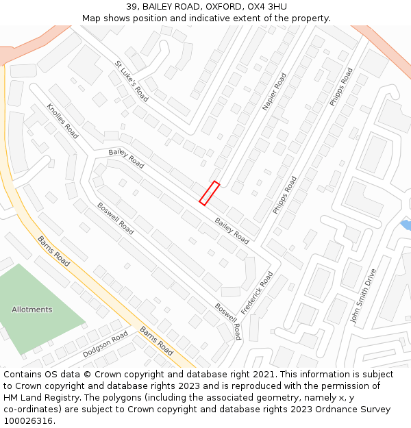 39, BAILEY ROAD, OXFORD, OX4 3HU: Location map and indicative extent of plot