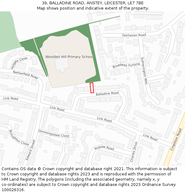 39, BALLADINE ROAD, ANSTEY, LEICESTER, LE7 7BE: Location map and indicative extent of plot