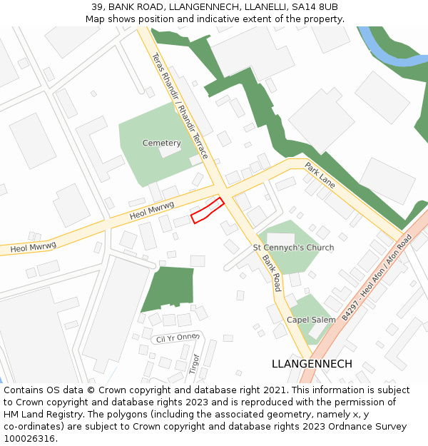 39, BANK ROAD, LLANGENNECH, LLANELLI, SA14 8UB: Location map and indicative extent of plot