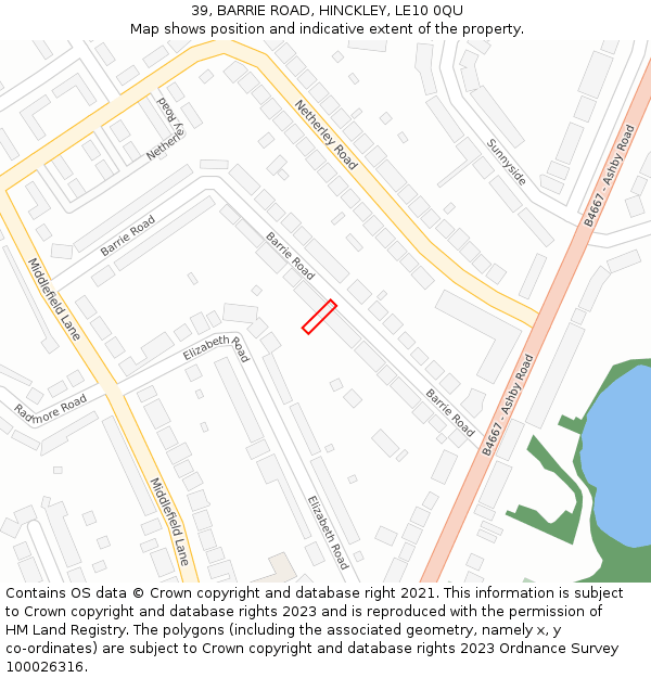 39, BARRIE ROAD, HINCKLEY, LE10 0QU: Location map and indicative extent of plot