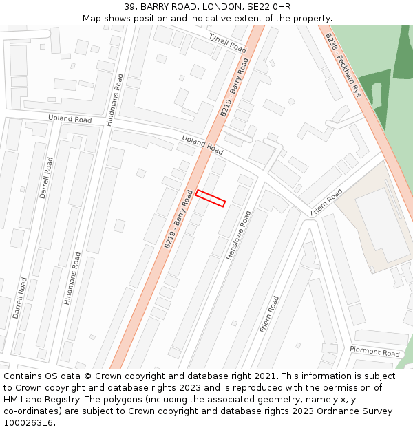 39, BARRY ROAD, LONDON, SE22 0HR: Location map and indicative extent of plot