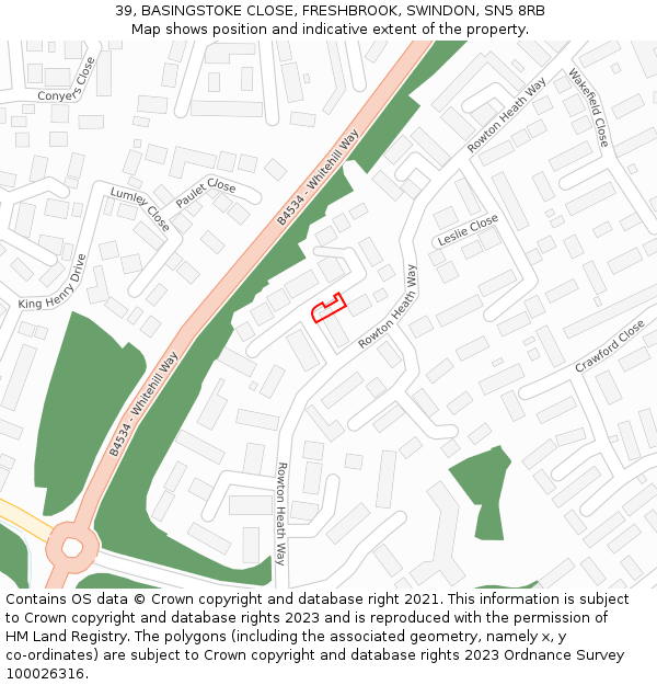 39, BASINGSTOKE CLOSE, FRESHBROOK, SWINDON, SN5 8RB: Location map and indicative extent of plot