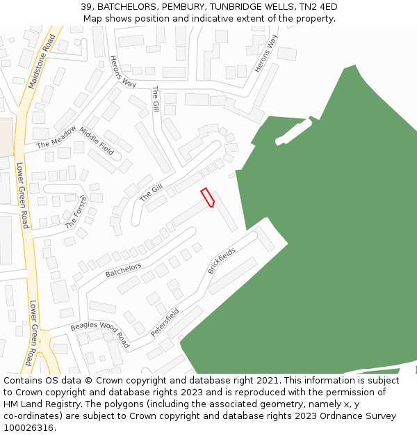 39, BATCHELORS, PEMBURY, TUNBRIDGE WELLS, TN2 4ED: Location map and indicative extent of plot