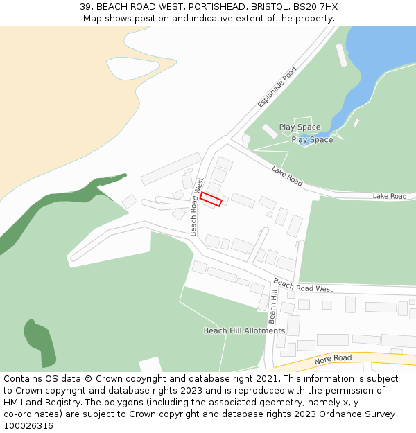 39, BEACH ROAD WEST, PORTISHEAD, BRISTOL, BS20 7HX: Location map and indicative extent of plot