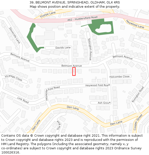 39, BELMONT AVENUE, SPRINGHEAD, OLDHAM, OL4 4RS: Location map and indicative extent of plot