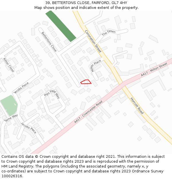 39, BETTERTONS CLOSE, FAIRFORD, GL7 4HY: Location map and indicative extent of plot