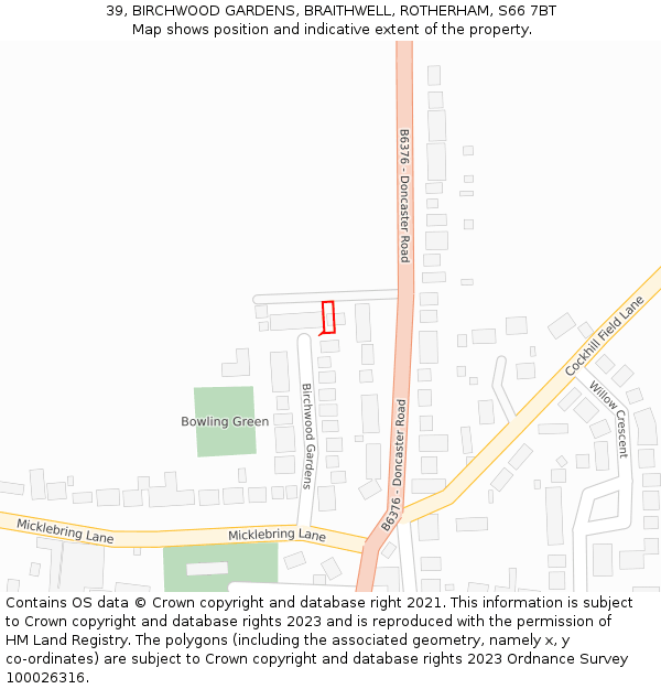 39, BIRCHWOOD GARDENS, BRAITHWELL, ROTHERHAM, S66 7BT: Location map and indicative extent of plot