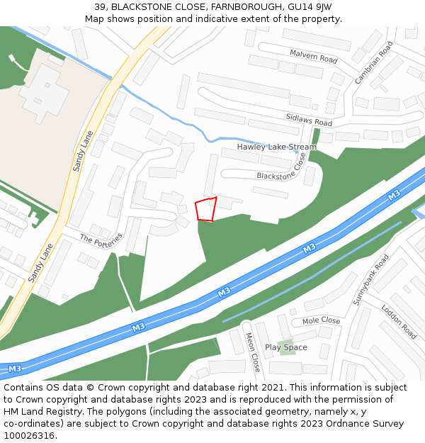 39, BLACKSTONE CLOSE, FARNBOROUGH, GU14 9JW: Location map and indicative extent of plot