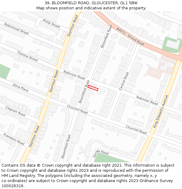 39, BLOOMFIELD ROAD, GLOUCESTER, GL1 5BW: Location map and indicative extent of plot