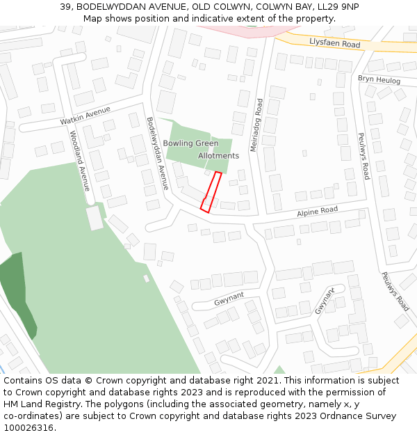 39, BODELWYDDAN AVENUE, OLD COLWYN, COLWYN BAY, LL29 9NP: Location map and indicative extent of plot