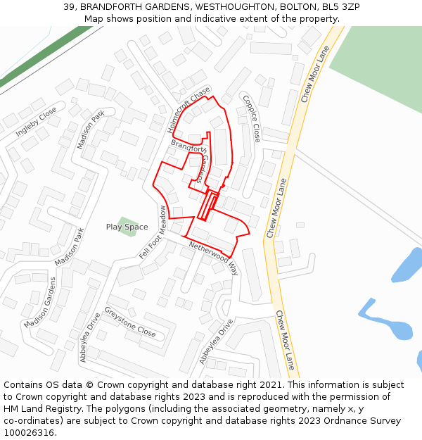 39, BRANDFORTH GARDENS, WESTHOUGHTON, BOLTON, BL5 3ZP: Location map and indicative extent of plot