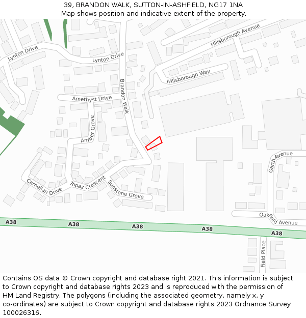 39, BRANDON WALK, SUTTON-IN-ASHFIELD, NG17 1NA: Location map and indicative extent of plot
