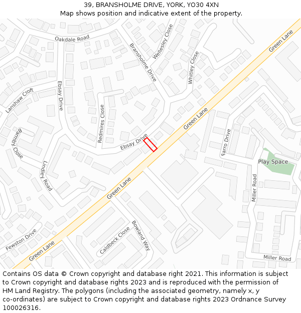 39, BRANSHOLME DRIVE, YORK, YO30 4XN: Location map and indicative extent of plot