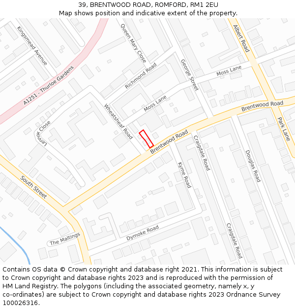 39, BRENTWOOD ROAD, ROMFORD, RM1 2EU: Location map and indicative extent of plot