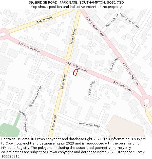 39, BRIDGE ROAD, PARK GATE, SOUTHAMPTON, SO31 7GD: Location map and indicative extent of plot